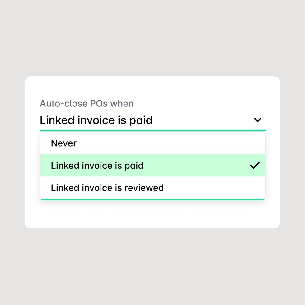 Automate the closing of purchase orders when a linked invoice is paid or reviewed.